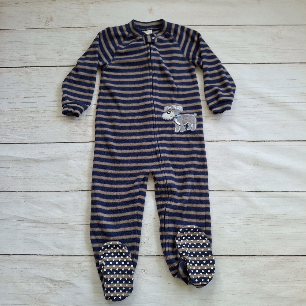 24M Fleece Sleeper Footed Blue Grey Stripes Puppy Dog Toddler Pajamas